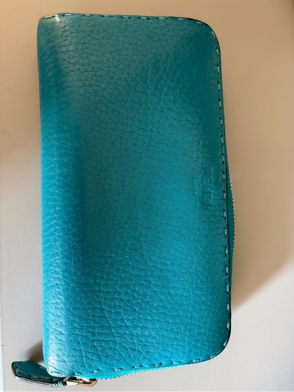 Fendi Selleria Roman Leather Large Zip around wallet. Teal/Peacock Blue - Picture 3 of 15